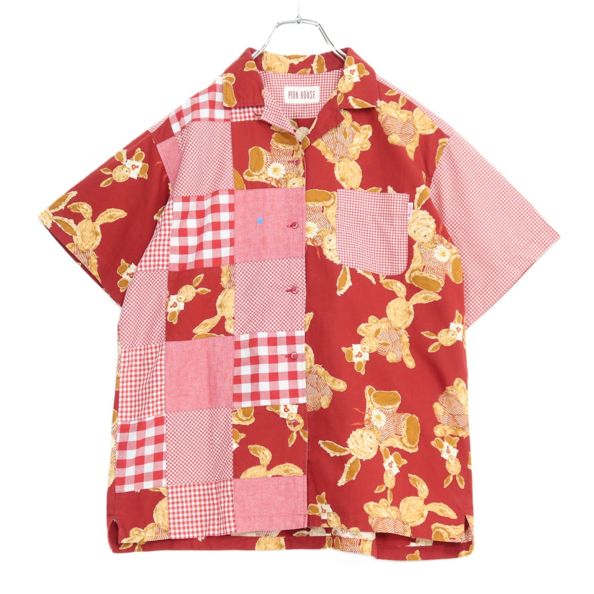 ピンクハウス★総パッチワーク♪開襟シャツ ブラウス 赤系 前開き ぬいぐるみウサギ&ギンガム♪薄手 z21040