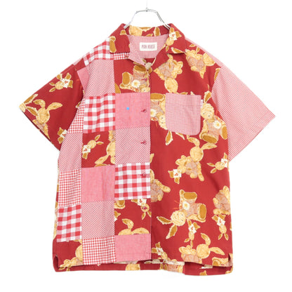 ピンクハウス★総パッチワーク♪開襟シャツ ブラウス 赤系 前開き ぬいぐるみウサギ&ギンガム♪薄手 z21040