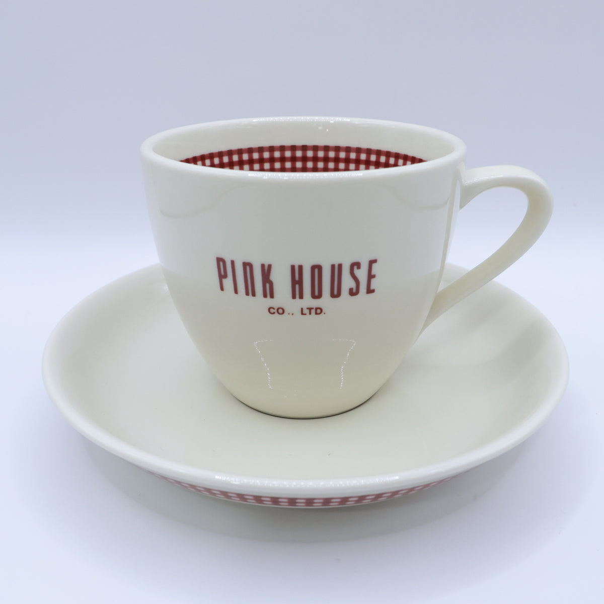 【美品】ピンクハウス★カップ＆ソーサー ギンガムチェック&ロゴ 陶器 ベージュ×赤系 so415