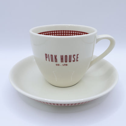 【美品】ピンクハウス★カップ＆ソーサー ギンガムチェック&ロゴ 陶器 ベージュ×赤系 so415