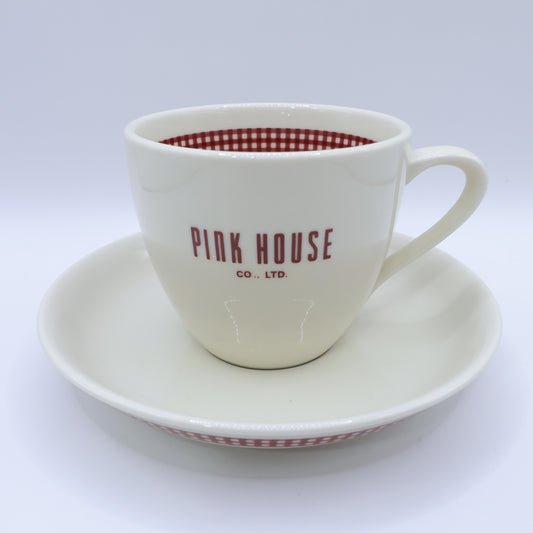 【美品】ピンクハウス★カップ＆ソーサー ギンガムチェック&ロゴ 陶器 ベージュ×赤系 so415