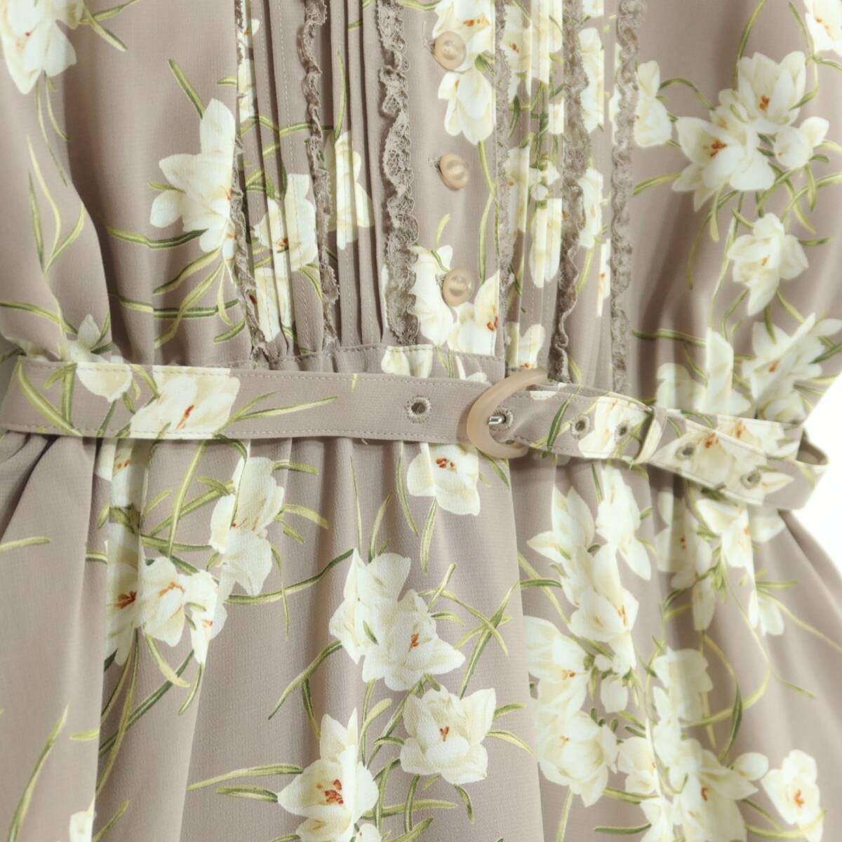 【美品】インゲボルグ★上品！レースフリル使い♪花柄ワンピース 半袖 薄茶系 残布有 薄手 ＊z20067