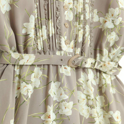【美品】インゲボルグ★上品！レースフリル使い♪花柄ワンピース 半袖 薄茶系 残布有 薄手 ＊z20067
