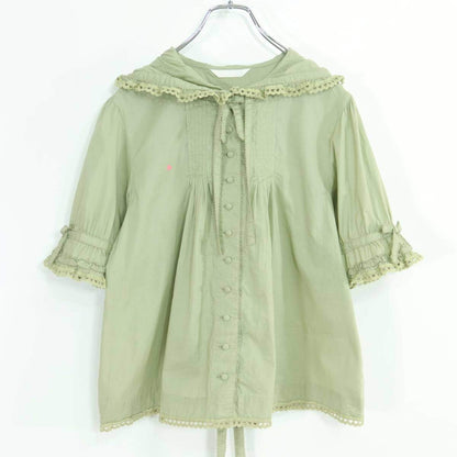 ピンクハウス★ふんわりフォルム♪フーディブラウス 綿ローン グリーン系 前開き レース&リボン♪z19627