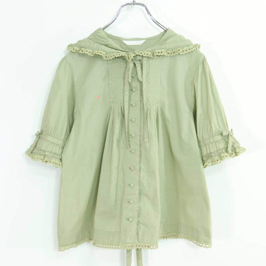 ピンクハウス★ふんわりフォルム♪フーディブラウス 綿ローン グリーン系 前開き レース&リボン♪z19627