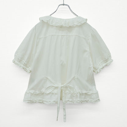 【美品】ピンクハウス★ミニリボン&フリル使い♪半袖ローンブラウス 大きいサイズL 白系 前開き ふんわりフォルム♪z23172