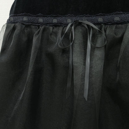 【美品】メゾピアノ★上品なベロア切替♪ふんわりチュールレース ウエストリボン付き ワンピース キッズ120 z23429