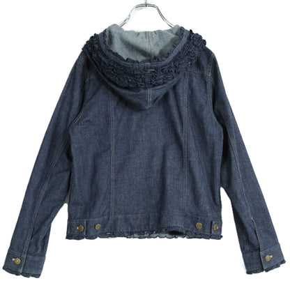 【美品】ピンクハウス★フリル使い♪フード付きデニムジャケット 大きいサイズL インディゴブルー系 前開き 無地 z21849