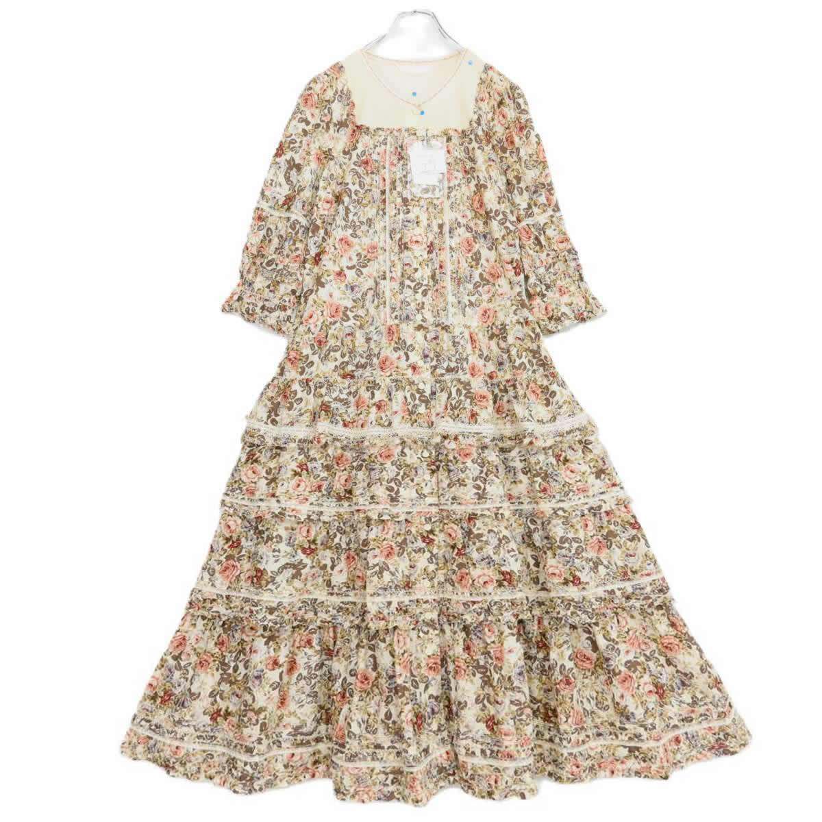 【美品紙タグ付】 ピンクハウス★クラシカルなエデンローズ柄♪ティアードフリルワンピース ブラウン系 z21332