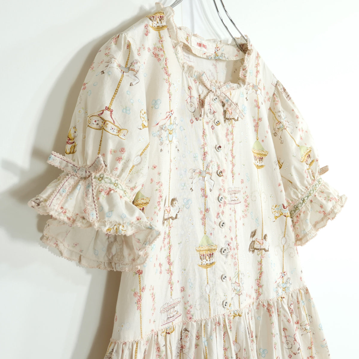 【美品・紙タグ有】ピンクハウス★メリーゴーラウンドpt♪ミディワンピース アイボリーピンク系 リボン♪残布有 2025年製 z22831