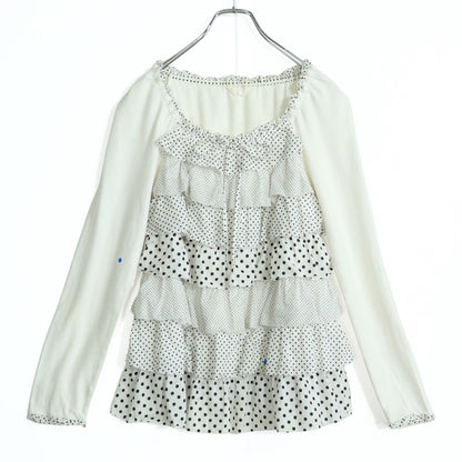 ピンクハウス★ドットのかぶせ段々ローンフリル♪長袖カットソー　大きいサイズL　白系  z21936