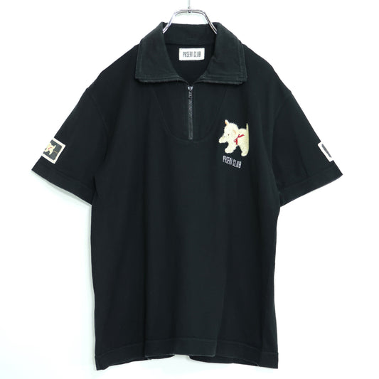 パセリクラブ★可愛い犬刺しゅう♪ ハーフジップアップポロシャツ 半袖 黒系 z22201
