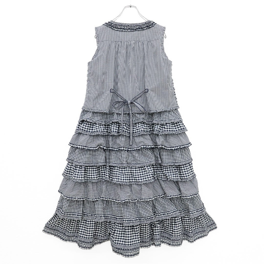 【美品】ピンクハウス★豪華！かぶせ段々&ギンガムpt♪阪神百貨店限定ワンピース 紺系 2024年製 z23273