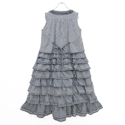 【美品】ピンクハウス★豪華！かぶせ段々&ギンガムpt♪阪神百貨店限定ワンピース 紺系 2024年製 z23273
