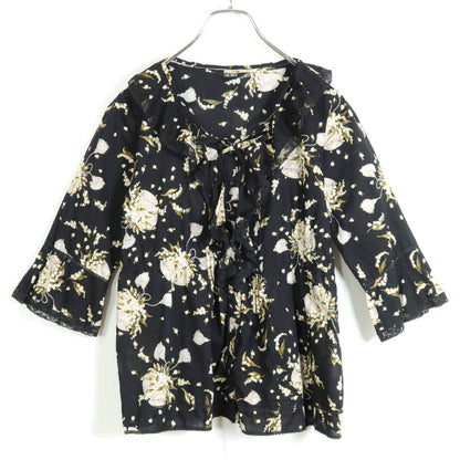 【美品】ピンクハウス★ローンブラウス 黒系 前開き キュートなすずらんプリント♪黒レース&フリル♪z13354