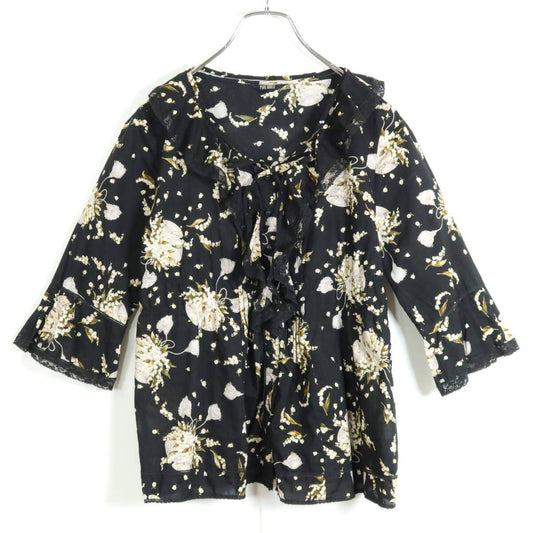 【美品】ピンクハウス★ローンブラウス 黒系 前開き キュートなすずらんプリント♪黒レース&フリル♪z13354