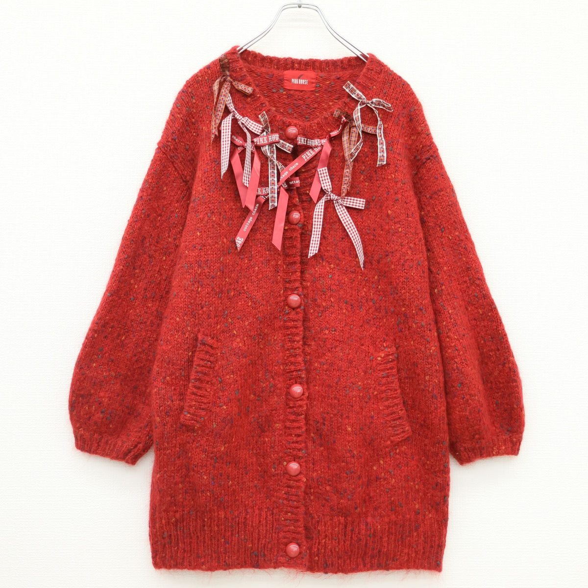 【美品】ピンクハウス★主役級♪リボン目を惹く♪ロングカーディガン 赤系 厚手 z23255