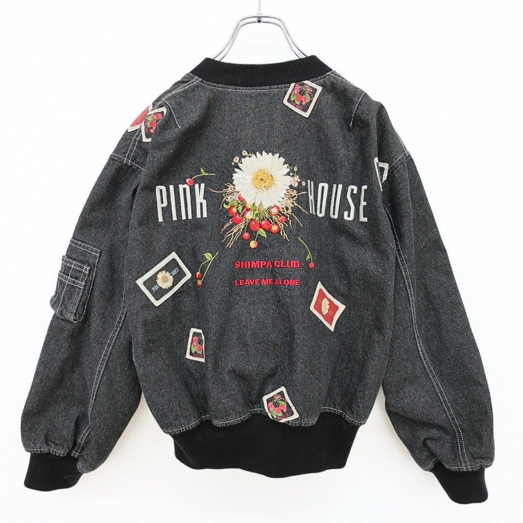 ピンクハウス★お花がいっぱい♪リバーシブルジャンパー 刺しゅう さくらんぼ 中綿入り ふわふわアウター デニム 黒系 前開き z23372