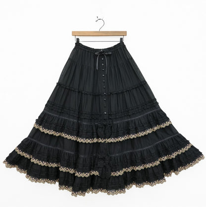 【極美品】ピンクハウス★ドイリーレース♪かぶせ段々のローンギャザースカート 黒系 前開き はしごレース&リボン♪薄手 z23542