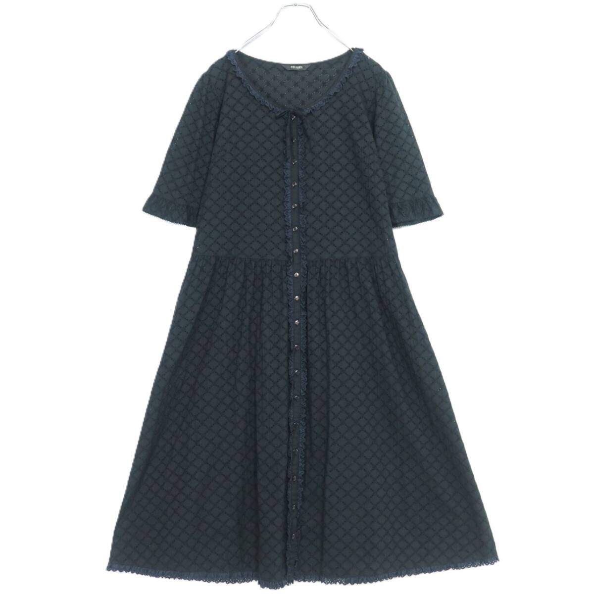 ピンクハウス★総カットワークレース♪前開き半袖ワンピース 黒系 フリル付き♪薄手 z19968