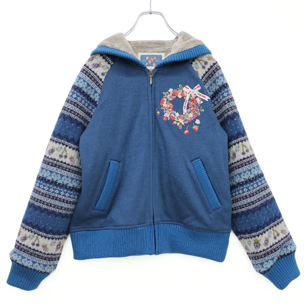 ピンクハウス★いちごリース刺繍♪ノルディック柄フード付ジャケット 切替袖 サイズM 青系 裏ボア♪厚手 z23353