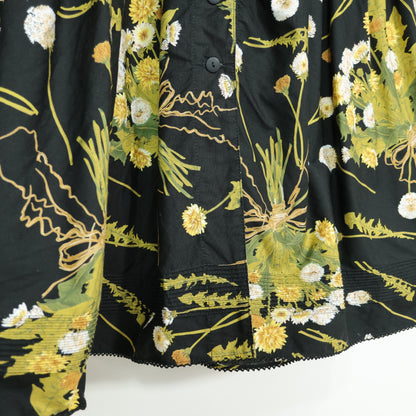 【美品】ワンダフルワールド カネコイサオ★かぶせ段々フリル♪たんぽぽブーケのワンピース 黒系 前開き 薄手 z23041