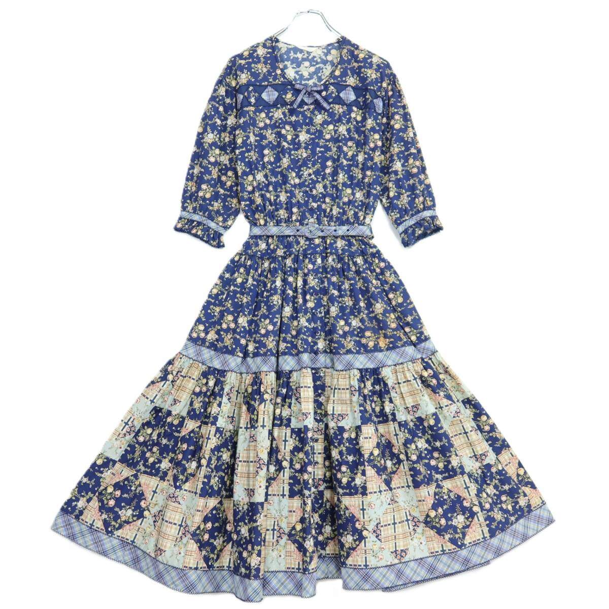【美品】ピンクハウス★オリチェptパッチワーク♪花柄ワンピース ネイビー系 前開き 薄手 z20994