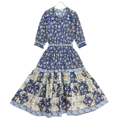 【美品】ピンクハウス★オリチェptパッチワーク♪花柄ワンピース ネイビー系 前開き 薄手 z20994