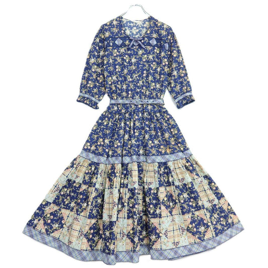 【美品】ピンクハウス★オリチェptパッチワーク♪花柄ワンピース ネイビー系 前開き 薄手 z20994