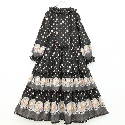ピンクハウス★豪華！ローズガーデナーpt♪かぶせ段々ワンピース 黒系 前開き 舞い散るピンクローズ♪薄手 z23657