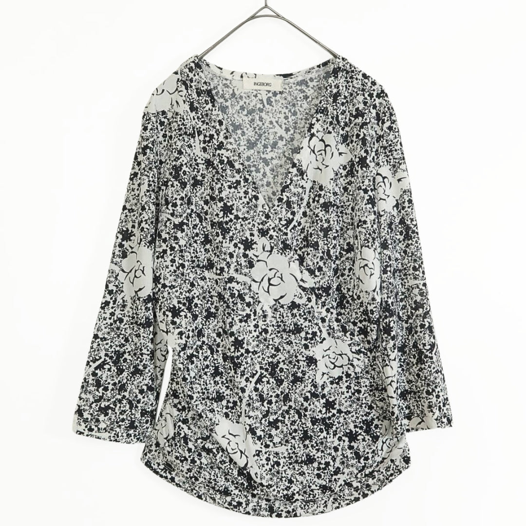 【美品】インゲボルグ★カシュクールブラウス&フレアスカート　二点セット！ サイズ9 黒×白系 花柄 z11747