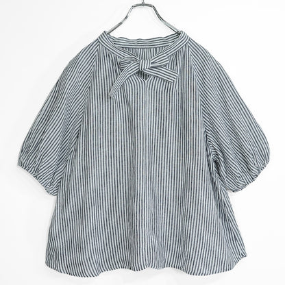 【美品】23区★麻100％♪半袖オーバーブラウス シャツ 大きいサイズ44 白×グレー系 ストライプ柄 薄手 z22955