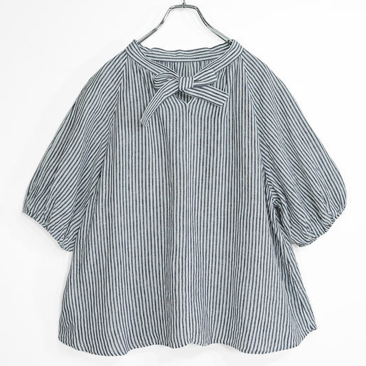 【美品】23区★麻100％♪半袖オーバーブラウス シャツ 大きいサイズ44 白×グレー系 ストライプ柄 薄手 z22955