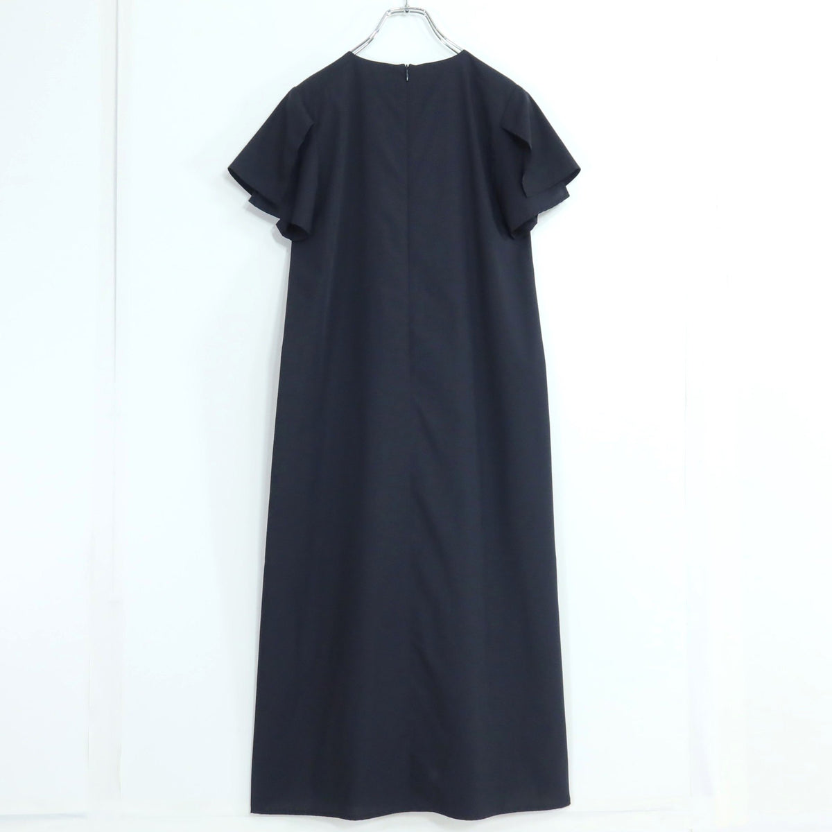 【美品】VIRINA ヴィリーナ★ケープ付き半袖ワンピース サイズXS 濃紺系 ドレープ感たっぷり♪総柄 z19779