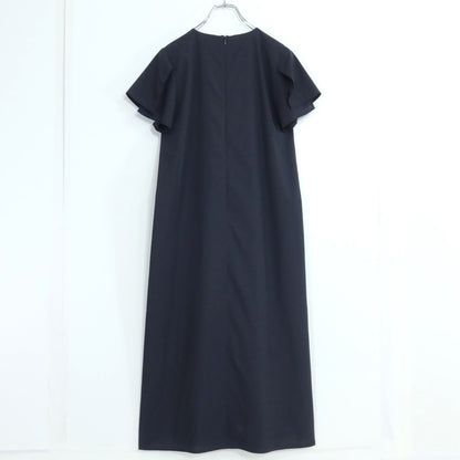 【美品】VIRINA ヴィリーナ★ケープ付き半袖ワンピース サイズXS 濃紺系 ドレープ感たっぷり♪総柄 z19779