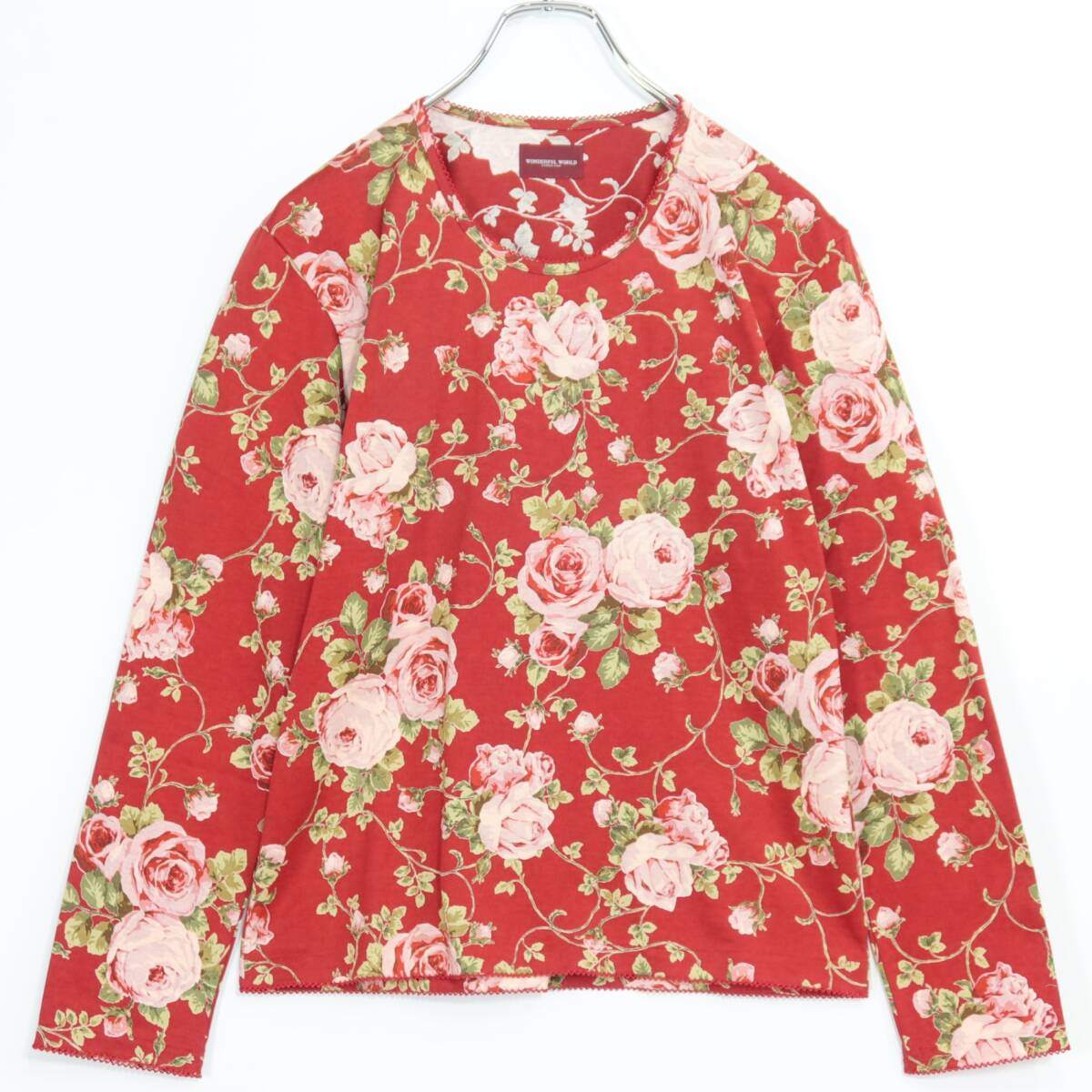 【美品】カネコイサオ ワンダフルワールド★クラシカルなデザイン♪ローズ柄 ピコレース 長袖カットソー サイズM 赤系 z20747