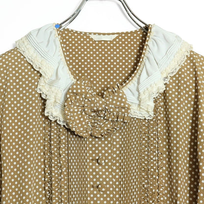 【美品】ピンクハウス★大人可愛い！ドット柄パフスリーブワンピース レトロ レース衿デザイン 薄ブラウン系 z15619