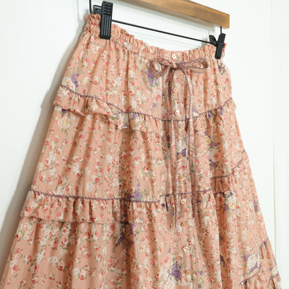 【美品】ピンクハウス★薔薇pt&段々フリル♪ギャザースカート サーモンピンク系 前開き z22914