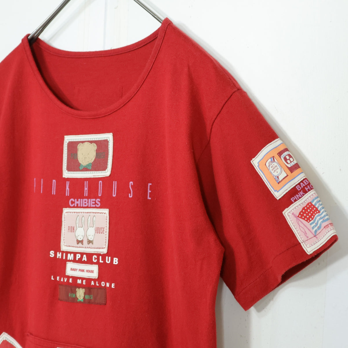 ベビーピンクハウス★ワッペンいっぱい♪半袖Tシャツ 前ポケット キューピー ぬいぐるみクマ ウサギ パフェ サイズL(120cm) 赤系 z21894