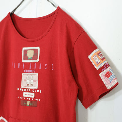 ベビーピンクハウス★ワッペンいっぱい♪半袖Tシャツ 前ポケット キューピー ぬいぐるみクマ ウサギ パフェ サイズL(120cm) 赤系 z21894