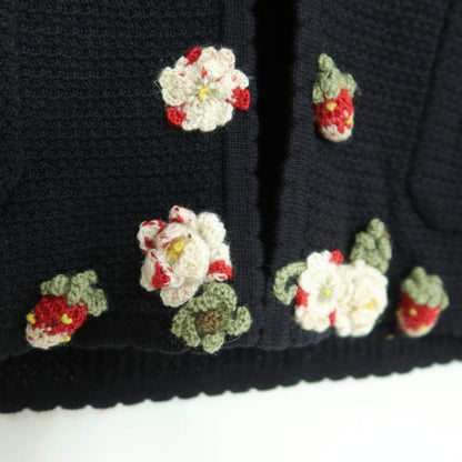 【極美品・紙タグ有】ピンクハウス★イチゴ&お花モチーフ♪長袖カーディガン はおりもの 黒系 レースも♪厚手 z19838