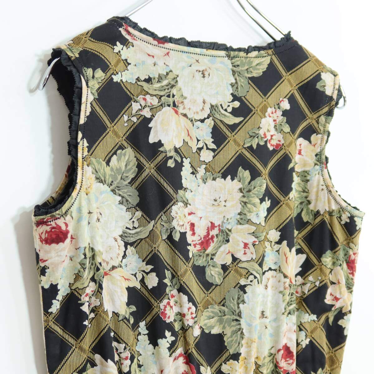 【レア美品！】インゲボルグ★花柄格子pt♪重ね着風ローンワンピース 黒系 はしごレース z20817