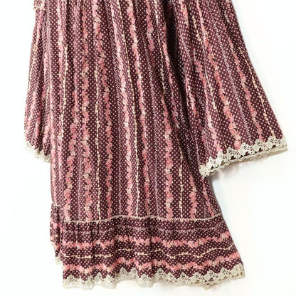 【美品】ピンクハウス★可愛い♪ローズ柄のブラウス チュニック レースアップ♪フリル&ローズのレース付き♪赤茶系 z7899s