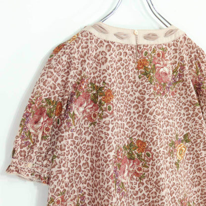 【美品】PINK HOUSE ピンクハウス★レオパード×薔薇フラワープリント♪リボン 半袖チュニック ブラウス ピンク系＊z19615