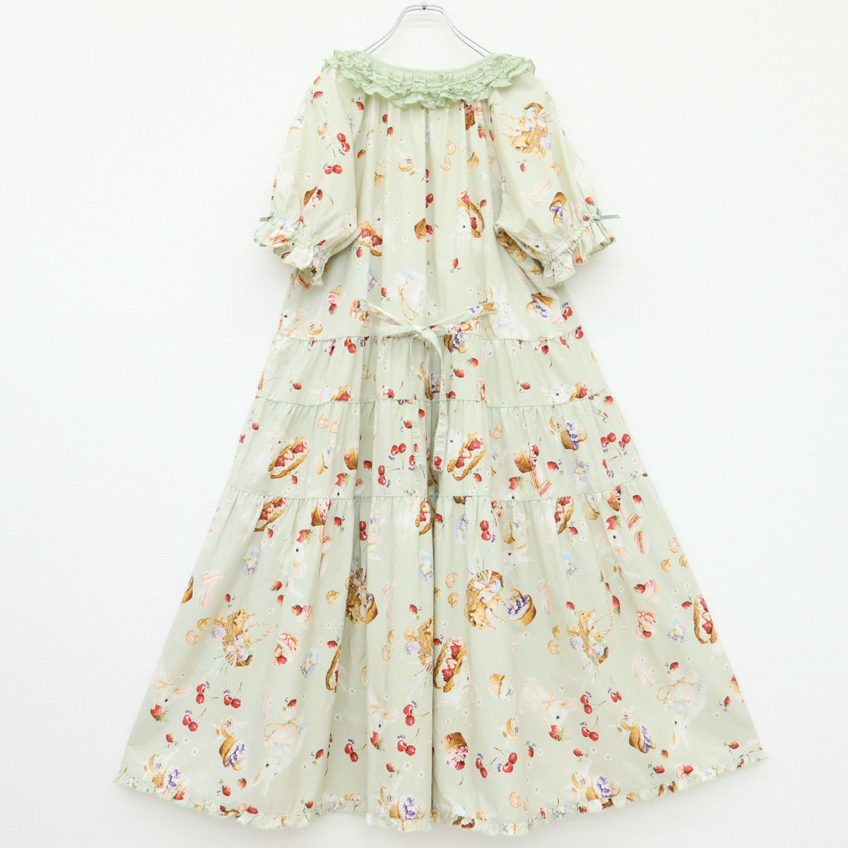 【美品】ピンクハウス★スイーツスプリングバニーpt♪半袖ミディワンピース ハッカ系 段々フリル&サテンリボン 2025年製 z23386
