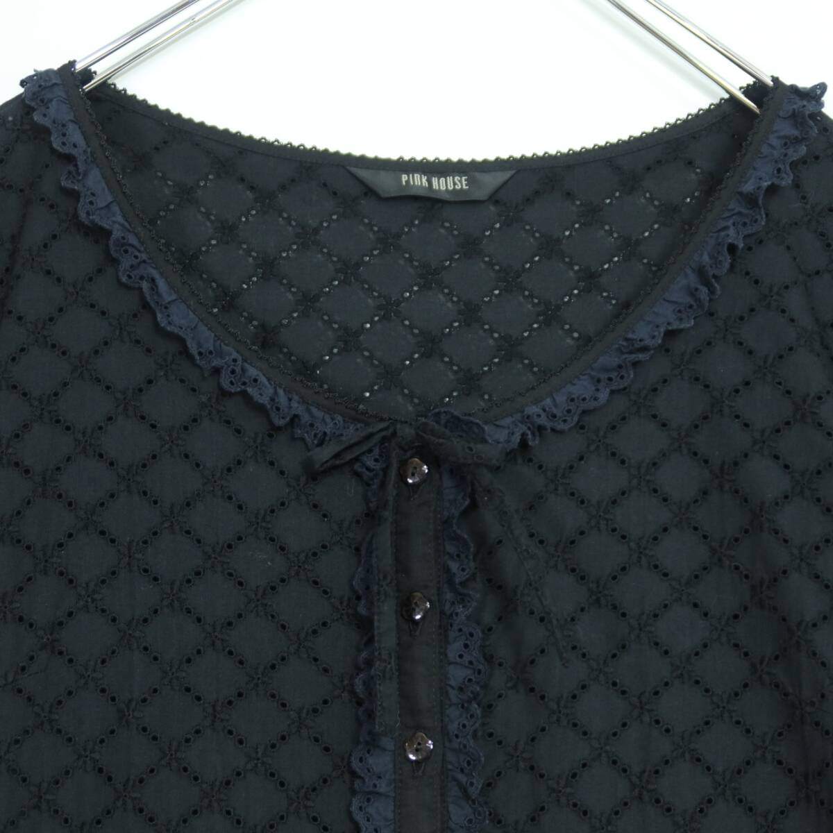 ピンクハウス★総カットワークレース♪前開き半袖ワンピース 黒系 フリル付き♪薄手 z19968