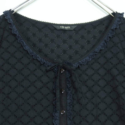 ピンクハウス★総カットワークレース♪前開き半袖ワンピース 黒系 フリル付き♪薄手 z19968