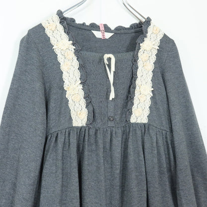 【美品！】ピンクハウス★お花モチーフ♪カットソー ピコレース パフ袖 ギャザー サテンリボン ビーズ グレー系 z19906
