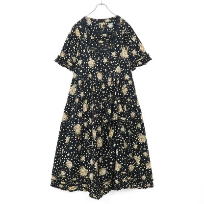 ピンクハウス★たくし上げ♪ブーケpt半袖ワンピース 黒系 リボン&スモッキング刺繡♪薄手 z19737