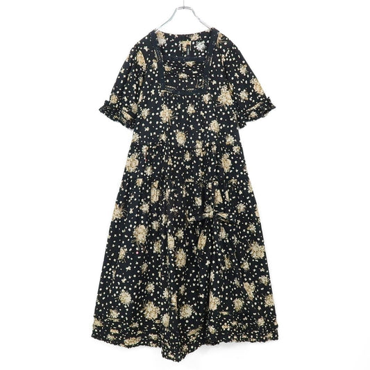 ピンクハウス★たくし上げ♪ブーケpt半袖ワンピース 黒系 リボン&スモッキング刺繡♪薄手 z19737